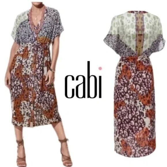 CAbi Dresses & Skirts - Cabi Escape Animal Midi Dress Womens Medium Sheer Patchwork Summer Resort Vacay